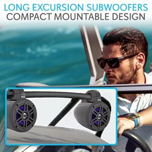 Pyle Waterproof Marine Wakeboard Tower Speakers - 4 Inch Dual Subwoofer Speaker Set w/LED Lights & Bluetooth for Wireless Music Streaming - Boat Audio System w/Mounting Clamps PLMRLEWB47BB