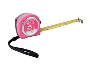 apollo tools measuring tape, 25 foot tape measure with retractable blade, fraction markings, 1 inch nylon blade, 8 foot standout, lock button and belt clip - pink ribbon - pink - dt5002p