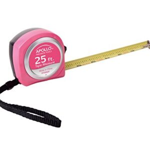 Apollo Tools Measuring Tape, 25 Foot Tape Measure with Retractable Blade, Fraction Markings, 1 Inch Nylon Blade, 8 Foot Standout, Lock Button and Belt Clip - Pink Ribbon - Pink - DT5002P