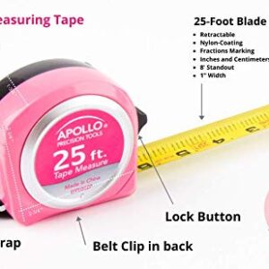Apollo Tools Measuring Tape, 25 Foot Tape Measure with Retractable Blade, Fraction Markings, 1 Inch Nylon Blade, 8 Foot Standout, Lock Button and Belt Clip - Pink Ribbon - Pink - DT5002P