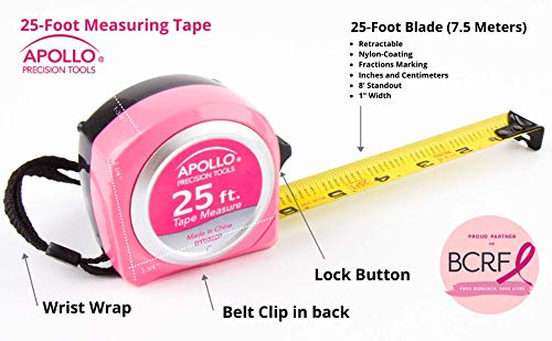 Apollo Tools Measuring Tape, 25 Foot Tape Measure with Retractable Blade, Fraction Markings, 1 Inch Nylon Blade, 8 Foot Standout, Lock Button and Belt Clip - Pink Ribbon - Pink - DT5002P