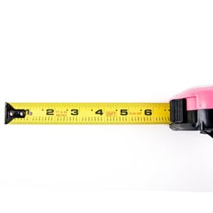Apollo Tools Measuring Tape, 25 Foot Tape Measure with Retractable Blade, Fraction Markings, 1 Inch Nylon Blade, 8 Foot Standout, Lock Button and Belt Clip - Pink Ribbon - Pink - DT5002P