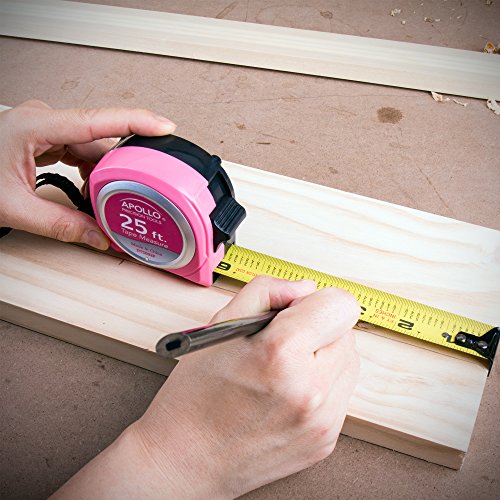 Apollo Tools Measuring Tape, 25 Foot Tape Measure with Retractable Blade, Fraction Markings, 1 Inch Nylon Blade, 8 Foot Standout, Lock Button and Belt Clip - Pink Ribbon - Pink - DT5002P