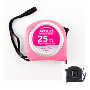 Apollo Tools Measuring Tape, 25 Foot Tape Measure with Retractable Blade, Fraction Markings, 1 Inch Nylon Blade, 8 Foot Standout, Lock Button and Belt Clip - Pink Ribbon - Pink - DT5002P