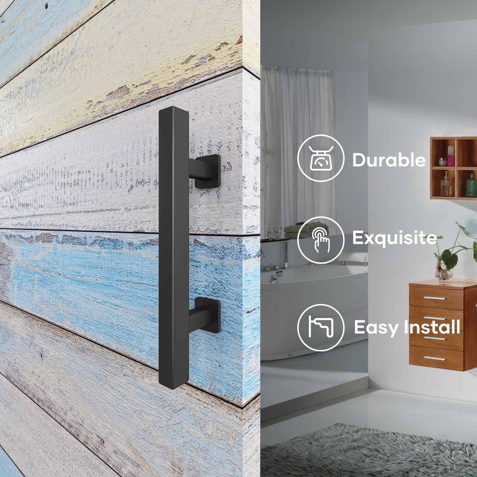 EaseLife 12" Sliding Barn Door Handles and Pulls,Double Sided Hardware Set,Heavy Duty,Square,Rustic,Matte Black Powder Coated Finish,Easy Install