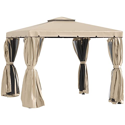 Outsunny 10' x 10' Patio Gazebo, Outdoor Gazebo Canopy Shelter with Double Vented Roof, Netting and Curtains, for Garden, Lawn, Backyard and Deck, Khaki