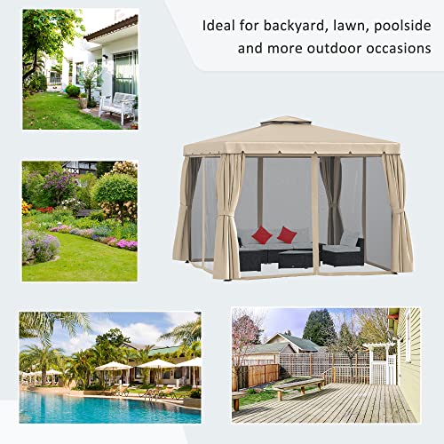 Outsunny 10' x 10' Patio Gazebo, Outdoor Gazebo Canopy Shelter with Double Vented Roof, Netting and Curtains, for Garden, Lawn, Backyard and Deck, Khaki