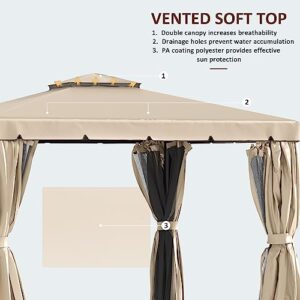 Outsunny 10' x 10' Patio Gazebo, Outdoor Gazebo Canopy Shelter with Double Vented Roof, Netting and Curtains, for Garden, Lawn, Backyard and Deck, Khaki