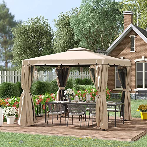 Outsunny 10' x 10' Patio Gazebo, Outdoor Gazebo Canopy Shelter with Double Vented Roof, Netting and Curtains, for Garden, Lawn, Backyard and Deck, Khaki