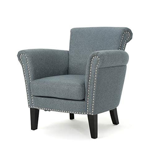 Christopher Knight Home Brice Vintage Scroll Arm Studded Fabric Club Chair, Steel Blue / Dark Brown