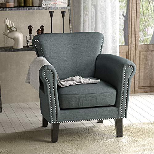 Christopher Knight Home Brice Vintage Scroll Arm Studded Fabric Club Chair, Steel Blue / Dark Brown