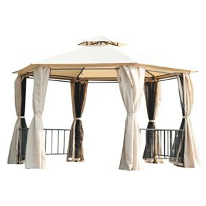 outsunny 13' x 13' patio gazebo, double roof hexagon outdoor gazebo canopy shelterwith netting & curtains, solid steel frame for garden, lawn, backyard and deck, beige