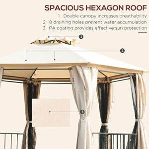 Outsunny 13' x 13' Patio Gazebo, Double Roof Hexagon Outdoor Gazebo Canopy Shelterwith Netting & Curtains, Solid Steel Frame for Garden, Lawn, Backyard and Deck, Beige