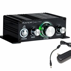 Kinter MA170+ 2-Channel Auto Home Cycle Arcade DIY 2 x 18 W Mini Amplifier Bass Treble RCA Input Audio Mini Amplifier with 12V 3A Power Supply Black