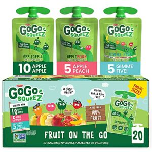 gogo squeez fruit on the go variety pack, apple, peach & gimme five!, 3.2 oz (pack of 20), unsweetened fruit snacks for kids, gluten free, nut free and dairy free, recloseable cap, bpa free pouches
