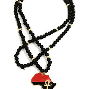 CBC Crown Pan African Colored Africa Map Continent Pendant on 26"/30" Wooden Bead Necklace in Gold or Silver Tone (30" - Black & Gold, Gold Ankh)