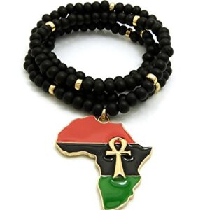 CBC Crown Pan African Colored Africa Map Continent Pendant on 26"/30" Wooden Bead Necklace in Gold or Silver Tone (30" - Black & Gold, Gold Ankh)