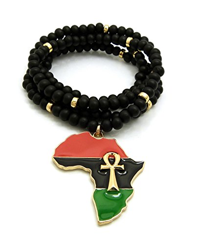 CBC Crown Pan African Colored Africa Map Continent Pendant on 26"/30" Wooden Bead Necklace in Gold or Silver Tone (30" - Black & Gold, Gold Ankh)