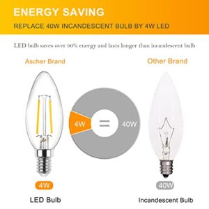 Ascher E12 LED Classic Candelabra Clear Light Bulb, 4W, Equivalent 40W, Warm White 2700K, Filament Clear Glass, Non-Dimmable, Pack of 5