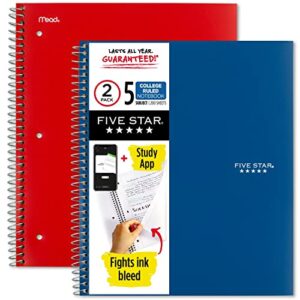 five star spiral notebooks + study app, 2 pack, 5 subject, college ruled paper, 200 sheets, 8-1/2" x 11", pacific blue & fire red (38459)