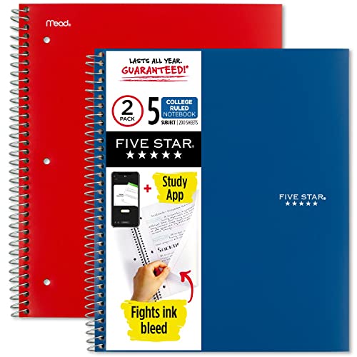 Five Star Spiral Notebooks + Study App, 2 Pack, 5 Subject, College Ruled Paper, 200 Sheets, 8-1/2" x 11", Pacific Blue & Fire Red (38459)