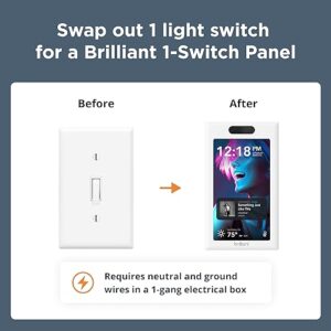 Brilliant Smart Home Control (1-Switch Panel) — Alexa Built-In & Compatible with Ring, Sonos, Hue, Google Nest, Wemo, SmartThings, Apple HomeKit — In-Wall Touchscreen Control for Lights, Music, & More