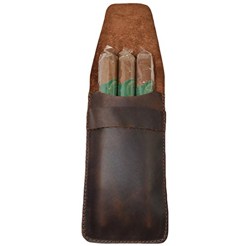 Hide & Drink, Rustic Durable Slim Leather Cigar Case Holder for Three 50 Ring Cigars, Classic, Handmade (Bourbon Brown)
