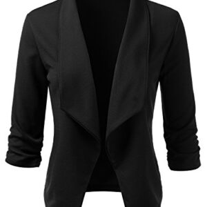 DOUBLJU Women's Casual Work Ruched 3/4 Sleeve Open Front Blazer Jacket with Plus Size Black