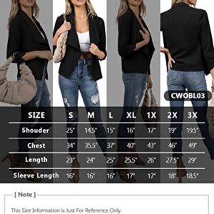 DOUBLJU Women's Casual Work Ruched 3/4 Sleeve Open Front Blazer Jacket with Plus Size Black