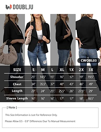 DOUBLJU Women's Casual Work Ruched 3/4 Sleeve Open Front Blazer Jacket with Plus Size Black