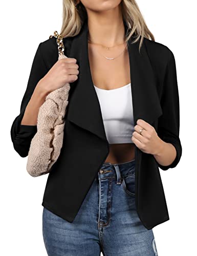 DOUBLJU Women's Casual Work Ruched 3/4 Sleeve Open Front Blazer Jacket with Plus Size Black