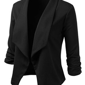 DOUBLJU Women's Casual Work Ruched 3/4 Sleeve Open Front Blazer Jacket with Plus Size Black