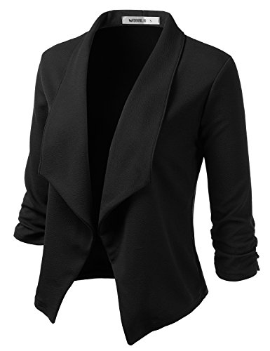 DOUBLJU Women's Casual Work Ruched 3/4 Sleeve Open Front Blazer Jacket with Plus Size Black