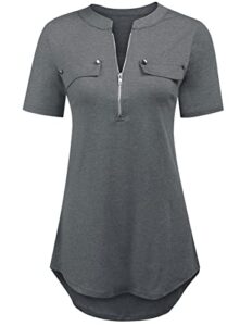 women's fashion split v neck plain short sleeve casual cute tunic blouses tops grey xl
