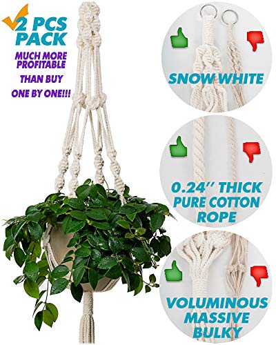 Bulky Plant Hanger Macrame Handmade Indoor Outdoor Decoration Hanging Planter Cotton Rope Basket 0.24in Thick Sturdy for Round & Square Flower Herbs Pots (No Pots No Plants) 46in, 4 Legs, 2 pcs