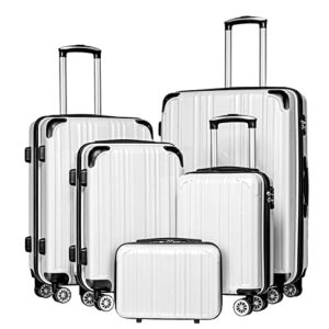 coolife luggage expandable 5 piece sets pc+abs spinner suitcase 20 inch 24 inch 28 inch (white grid new)