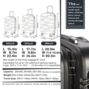 Coolife Luggage Expandable(only 28") Suitcase 3 Piece Set with TSA Lock Spinner 20in24in28in (sliver)