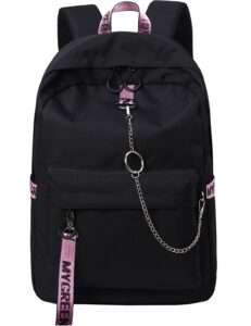 el-fmly fashion water resistant backpack for travel lightweight school bookbags with cute letters strap for teenage girls & children (black+pink)