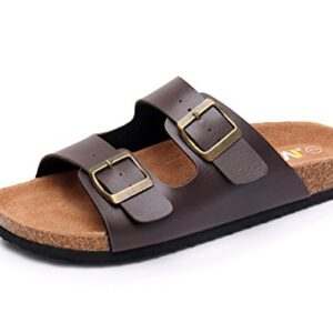 WTW Slip on Flat Cork Sandals for Men with Adjustable Strap Buckle Open Toe Slippers Suede Sole (US 7, Brown)