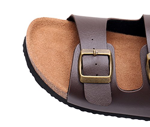 WTW Slip on Flat Cork Sandals for Men with Adjustable Strap Buckle Open Toe Slippers Suede Sole (US 7, Brown)