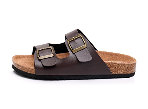 WTW Slip on Flat Cork Sandals for Men with Adjustable Strap Buckle Open Toe Slippers Suede Sole (US 7, Brown)