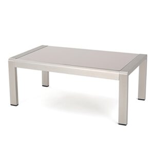 christopher knight home cape coral outdoor aluminum coffee table with glass top, silver