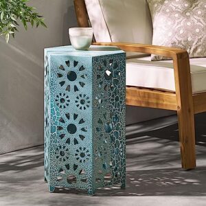 Christopher Knight Home Eliana Outdoor 14" Sunburst Iron Side Table, Crackle Teal