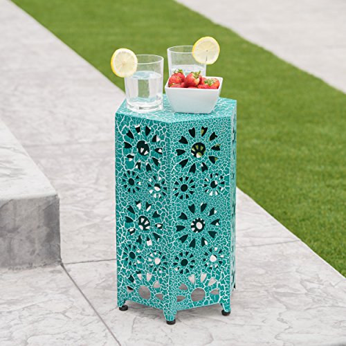 Elliot Outdoor 12 Inch Crackle Teal Sunburst Iron Side Table (Crackle Teal)