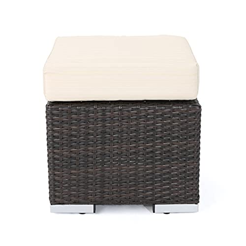 Christopher Knight Home Santa Rosa Outdoor 16" Wicker Ottoman Seat with Water Resistant Cushion, Multibrown / Beige