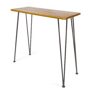 christopher knight home denali ouotdoor industrial acacia wood bar table with iron frame, teak finish / rustic metal