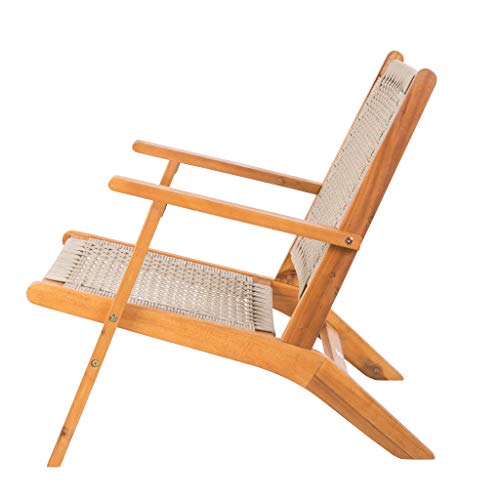 Patio Sense 62773 Vega Natural Stain Outdoor Chair Acacia Wood Construction Hand Woven Seat Mid Century Design Comfortable Reclining Armchair Patio Lawn Garden Backyard Deck - Ecru Cording