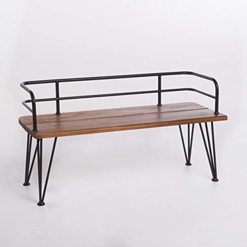 Christopher Knight Home Lastoro Outdoor Industrial Rustic Iron and Acacia Wood Bench, Teak Finish With Rustic Metal