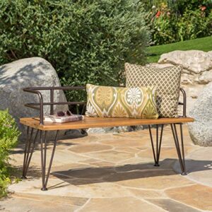 Christopher Knight Home Lastoro Outdoor Industrial Rustic Iron and Acacia Wood Bench, Teak Finish With Rustic Metal