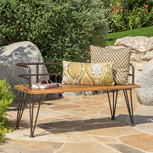 Christopher Knight Home Lastoro Outdoor Industrial Rustic Iron and Acacia Wood Bench, Teak Finish With Rustic Metal